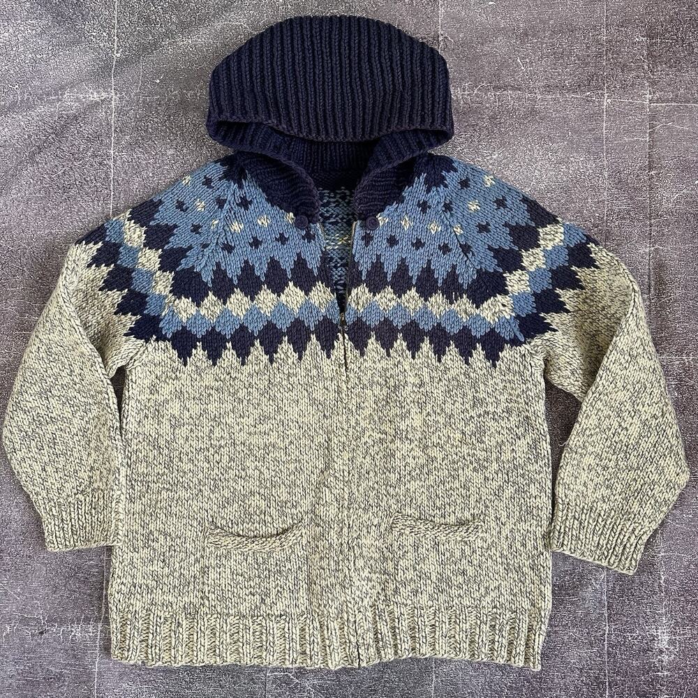 Mens Vintage 50's Blue Gray Chunky Cowichan Knit Hooded Zip Sweater Jacket Sz XL